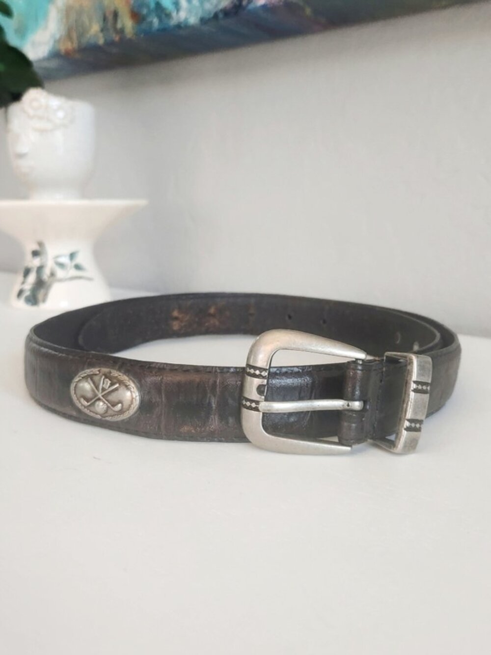 Vintage Imported Italian Leather w/Silver Concho Black Golf Belt | 37"-41"